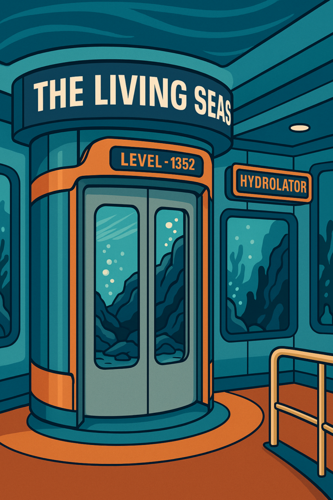 Illustration of EPCOT’s Living Seas pavilion with Hydrolators descending into an underwater research base, inspired by the original 1986 attraction