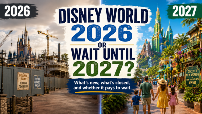Disney World in 2026 with construction walls compared with a more complete 2027 vacation, asking whether visitors should go now or wait.