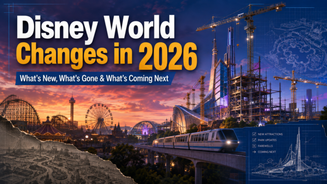 Disney World Changes in 2026 featured image showing theme park construction, new attractions and an elevated train