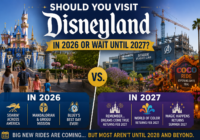 Disneyland 2026 vs. 2027 comparison showing Sleeping Beauty Castle, Avengers Campus construction, Coco, Soarin’, Mandalorian and Grogu, and returning 2027 entertainment.