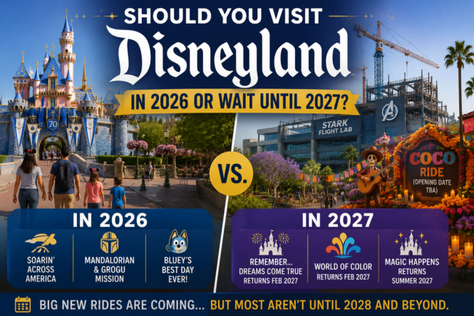 Disneyland 2026 vs. 2027 comparison showing Sleeping Beauty Castle, Avengers Campus construction, Coco, Soarin’, Mandalorian and Grogu, and returning 2027 entertainment.
