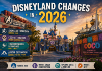 Disneyland in 2026 with Sleeping Beauty Castle, Avengers Campus, Tomorrowland, Coco construction, and signs highlighting major upcoming changes.