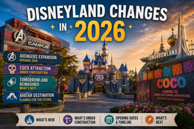 Disneyland in 2026 with Sleeping Beauty Castle, Avengers Campus, Tomorrowland, Coco construction, and signs highlighting major upcoming changes.