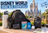 Disney World park bag essentials including a sling bag, power bank, water bottle, portable fan, poncho, blister bandages, anti-chafe balm and tracker in front of Cinderella Castle.