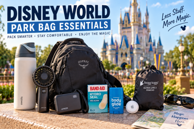 Disney World park bag essentials including a sling bag, power bank, water bottle, portable fan, poncho, blister bandages, anti-chafe balm and tracker in front of Cinderella Castle.
