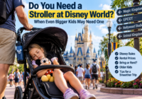 Parent pushing a stroller with a sleeping child at Disney World, illustrating stroller rules, rental options and when older kids may still need one.