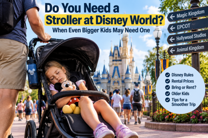 Parent pushing a stroller with a sleeping child at Disney World, illustrating stroller rules, rental options and when older kids may still need one.
