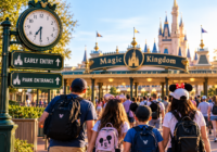 Family arriving at Magic Kingdom for Early Entry, illustrating what time Disney World hotel guests should leave for rope drop.