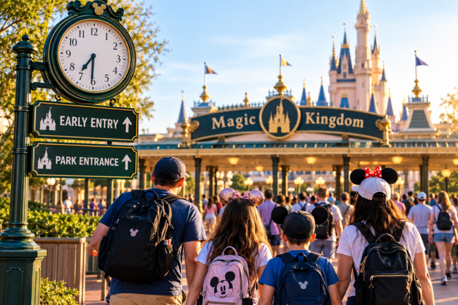 Family arriving at Magic Kingdom for Early Entry, illustrating what time Disney World hotel guests should leave for rope drop.