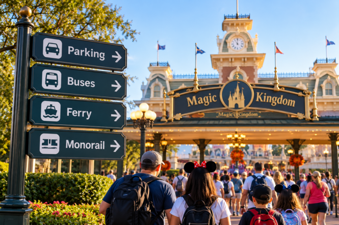 Guests approaching Magic Kingdom with signs for parking, buses, ferry and monorail, illustrating how long it takes to get from Disney transportation or parking into the parks.