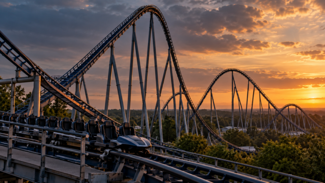 Editorial illustration of a towering steel roller coaster at sunset, used to accompany an investigation into hypercoaster safety.